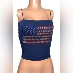Navy USA American Bling Rhinestone Stretchy Straps Tank Crop Top L Lined July 4